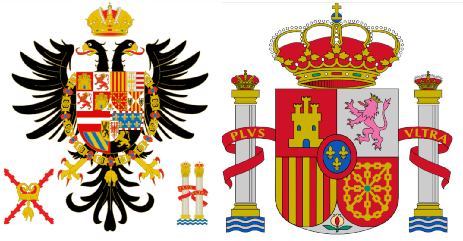 Štátny znak Španielskeho kráľovstva - vľavo za vlády Karola I., vpravo súčasnosť